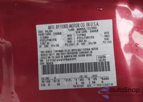 2000 Ford Ranger Xl/Xlt z USA, uszkodzony, nr VIN 1FTYR14V6YPB60391